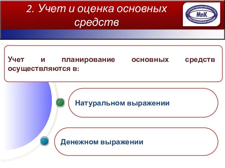 2. Учет и оценка основных средств Денежном выражении Натуральном выражении Учет