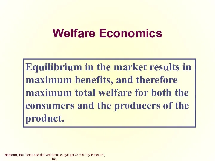 Welfare Economics Equilibrium in the market results in maximum benefits, and