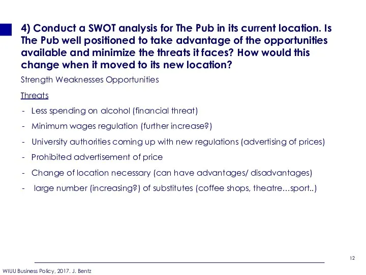4) Conduct a SWOT analysis for The Pub in its current