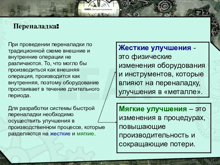 SMED. Быстрая переналадка Переналадка: При проведении переналадки по традиционной схеме внешние