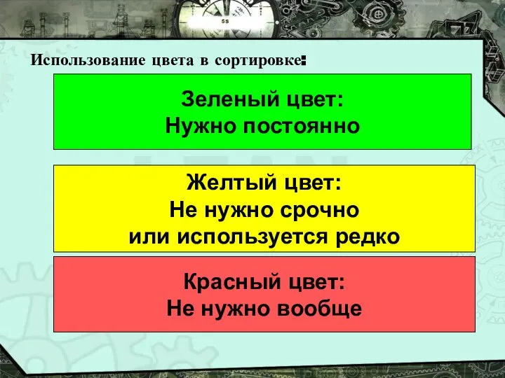 5S Использование цвета в сортировке: Зеленый цвет: Нужно постоянно Желтый цвет: