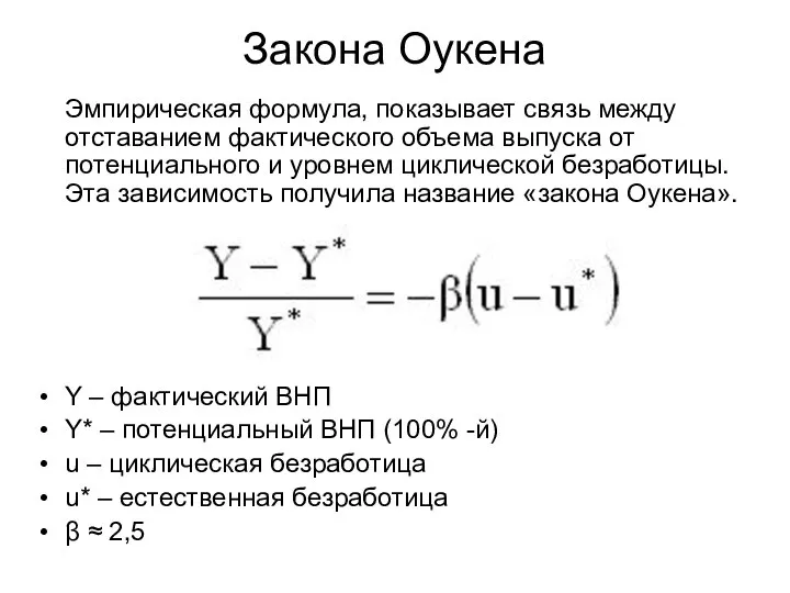 Закона Оукена Эмпирическая формула, показывает связь между отставанием фактического объема выпуска