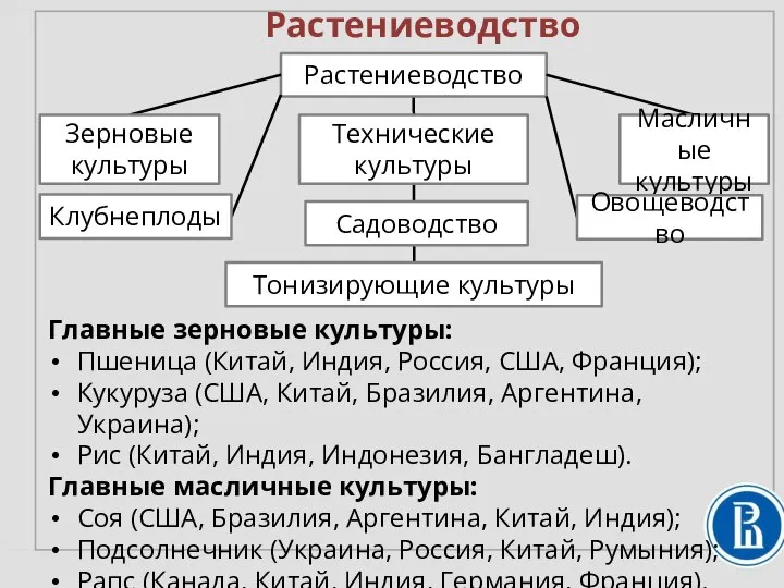 Растениеводство Главные зерновые культуры: Пшеница (Китай, Индия, Россия, США, Франция); Кукуруза