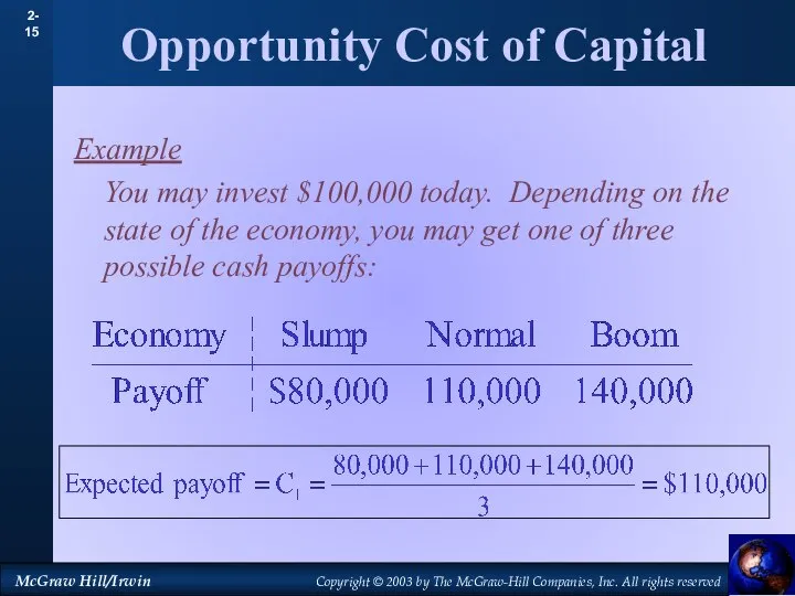 Opportunity Cost of Capital Example You may invest $100,000 today. Depending