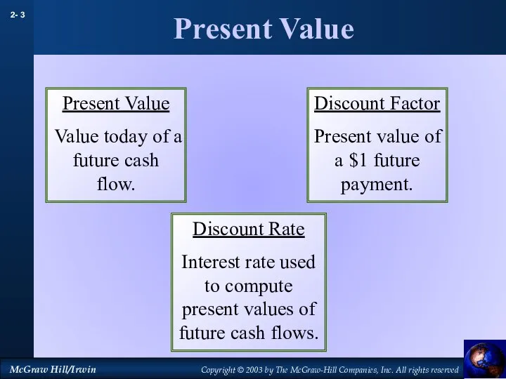Present Value Present Value Value today of a future cash flow.