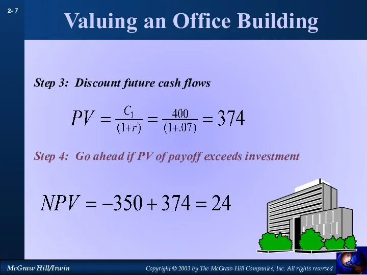 Valuing an Office Building Step 3: Discount future cash flows Step