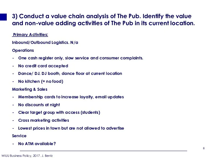 3) Conduct a value chain analysis of The Pub. Identify the