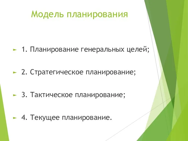 Модель планирования 1. Планирование генеральных целей; 2. Стратегическое планирование; 3. Тактическое планирование; 4. Текущее планирование.