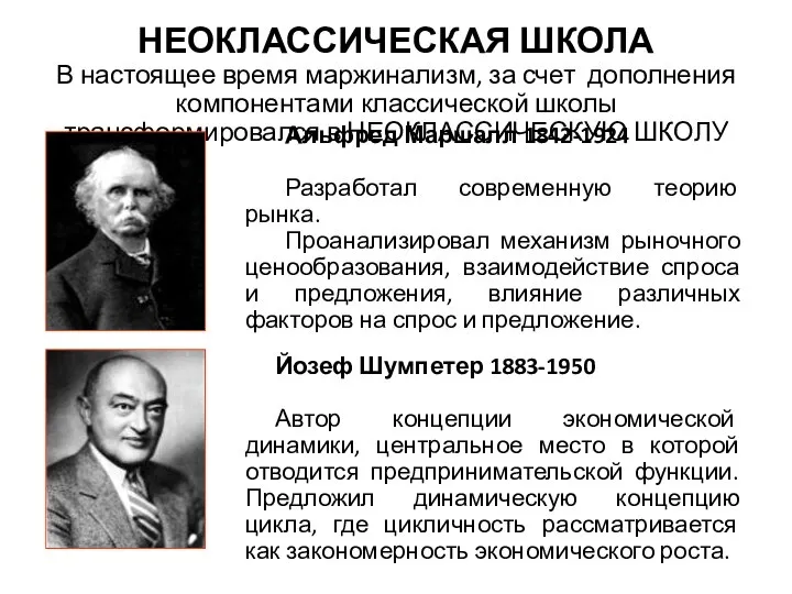 НЕОКЛАССИЧЕСКАЯ ШКОЛА В настоящее время маржинализм, за счет дополнения компонентами классической