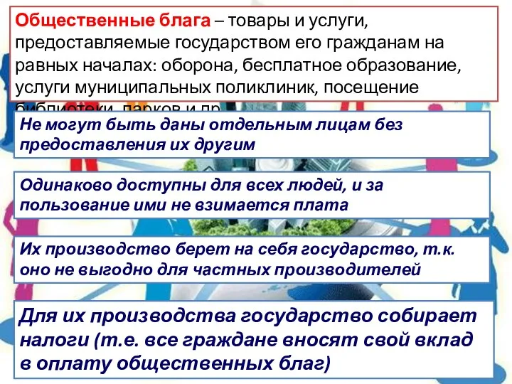 Общественные блага – товары и услуги, предоставляемые государством его гражданам на