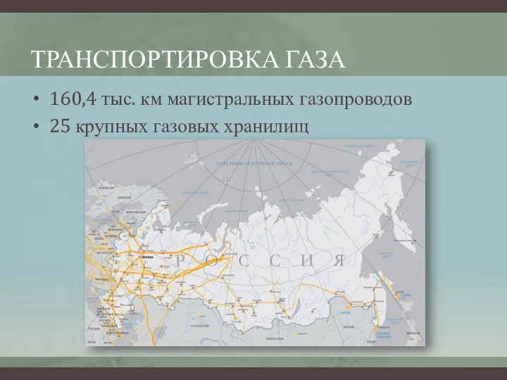 ТРАНСПОРТИРОВКА ГАЗА 160,4 тыс. км магистральных газопроводов 25 крупных газовых хранилищ