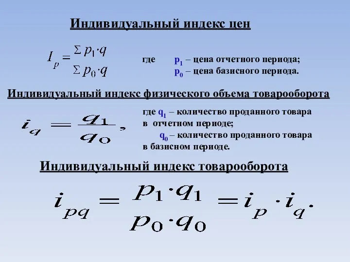 Индивидуальный индекс цен где p1 – цена отчетного периода; p0 –