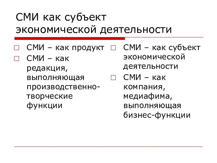 СМИ как субъект экономической деятельности СМИ – как продукт СМИ –