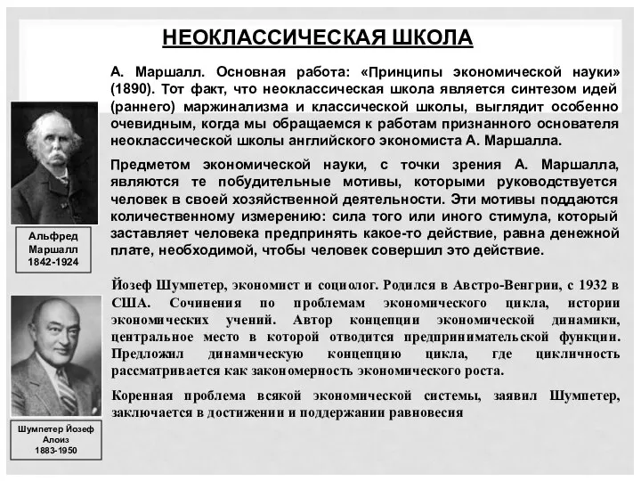 НЕОКЛАССИЧЕСКАЯ ШКОЛА Альфред Маршалл 1842-1924 А. Маршалл. Основная работа: «Принципы экономической