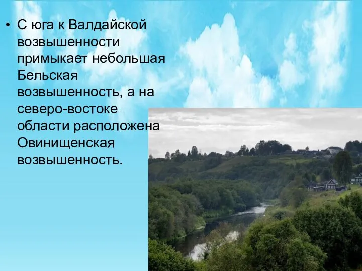 С юга к Валдайской возвышенности примыкает небольшая Бельская возвышенность, а на северо-востоке области расположена Овинищенская возвышенность.