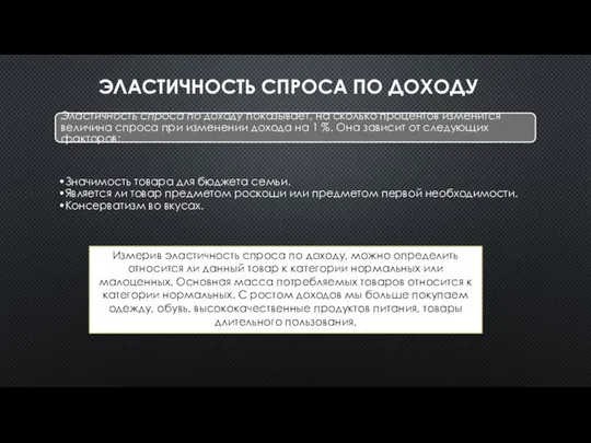 ЭЛАСТИЧНОСТЬ СПРОСА ПО ДОХОДУ Эластичность спроса по доходу показывает, на сколько