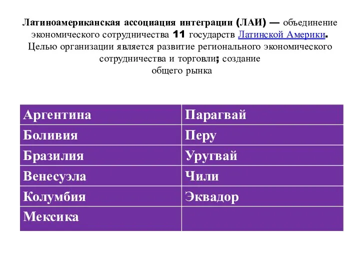 Латиноамериканская ассоциация интеграции (ЛАИ) — объединение экономического сотрудничества 11 государств Латинской