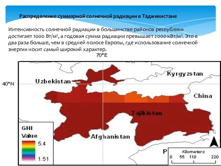 Распределение суммарной солнечной радиации в Таджикистане Интенсивность солнечной радиации в большинстве