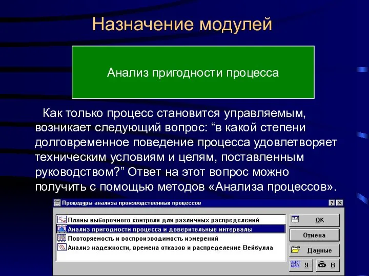 Назначение модулей Анализ пригодности процесса Как только процесс становится управляемым, возникает