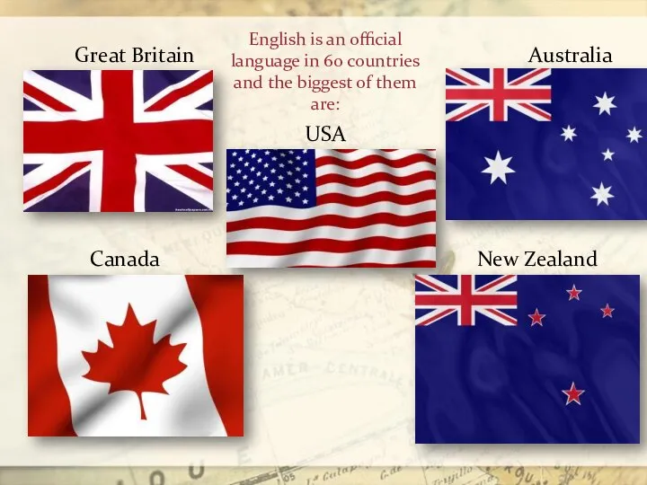 Great Britain Canada USA Australia New Zealand English is an official