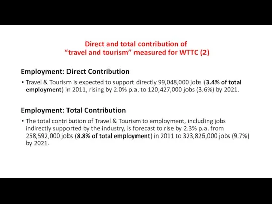 Direct and total contribution of “travel and tourism” measured for WTTC