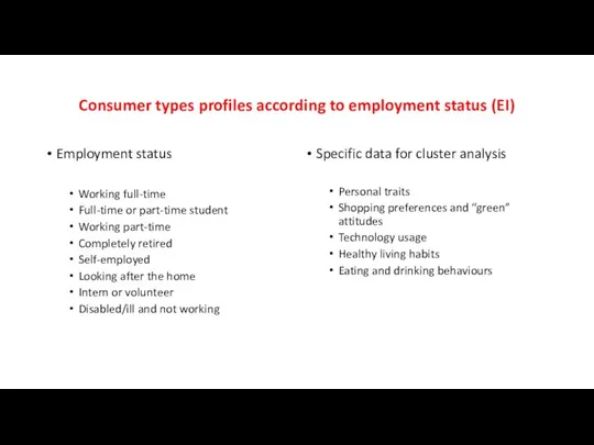 Consumer types profiles according to employment status (EI) Employment status Working