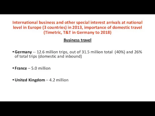 International business and other special interest arrivals at national level in