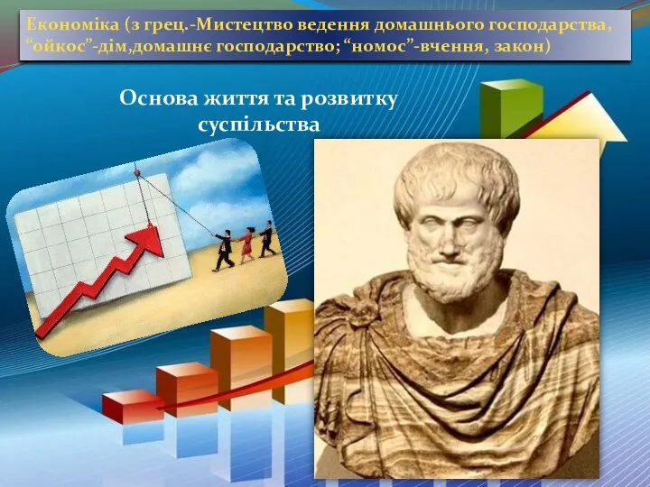 Основа життя та розвитку суспільства Економіка (з грец.-Мистецтво ведення домашнього господарства, “ойкос”-дім,домашнє господарство; “номос”-вчення, закон)