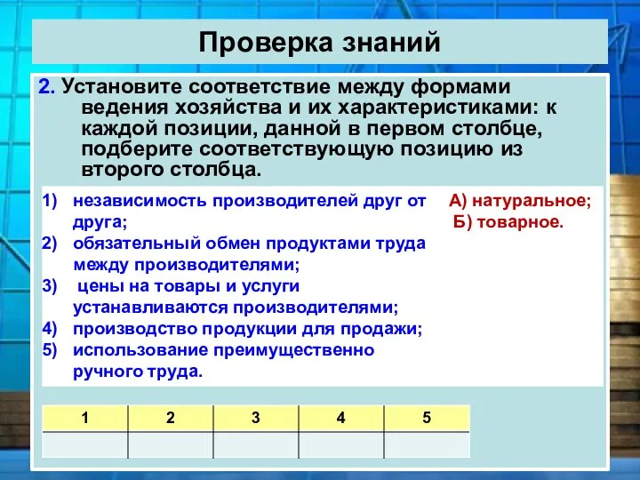 Проверка знаний 2. Установите соответствие между формами ведения хозяйства и их