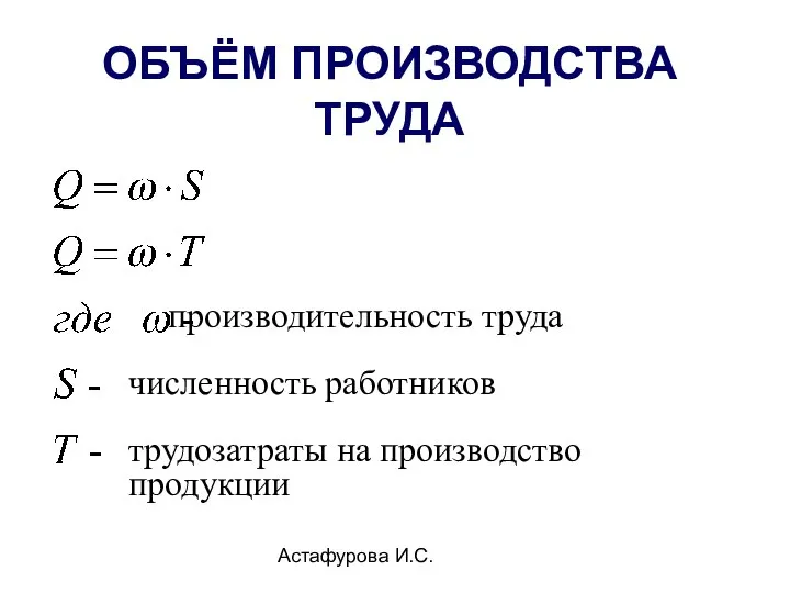 Астафурова И.С. производительность труда численность работников трудозатраты на производство продукции ОБЪЁМ ПРОИЗВОДСТВА ТРУДА