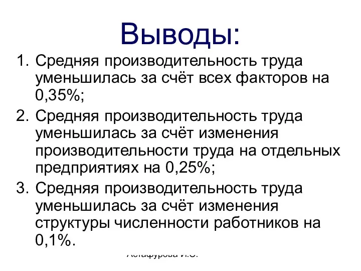 Астафурова И.С. Выводы: Средняя производительность труда уменьшилась за счёт всех факторов