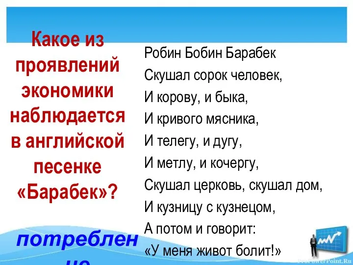 Какое из проявлений экономики наблюдается в английской песенке «Барабек»? Робин Бобин