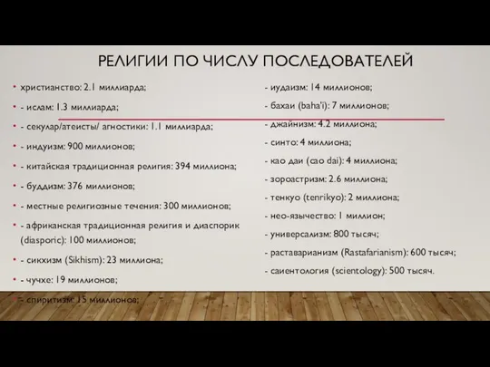 РЕЛИГИИ ПО ЧИСЛУ ПОСЛЕДОВАТЕЛЕЙ христианство: 2.1 миллиарда; - ислам: 1.3 миллиарда;