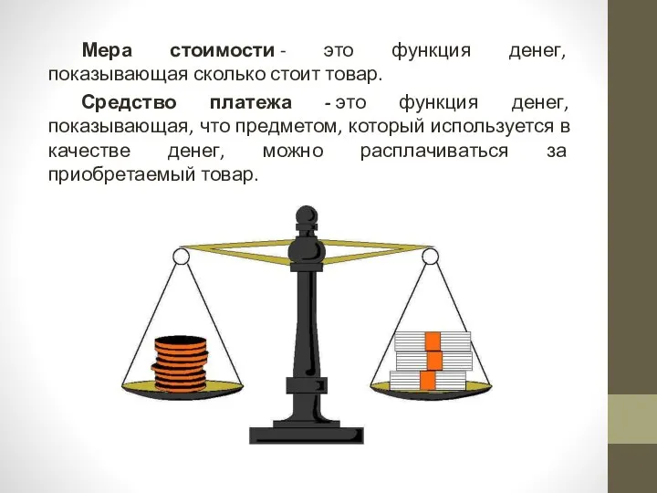 Мера стоимости - это функция денег, показывающая сколько стоит товар. Средство