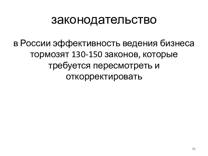 законодательство в России эффективность ведения бизнеса тормозят 130-150 законов, которые требуется пересмотреть и откорректировать