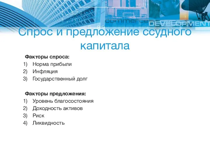 Спрос и предложение ссудного капитала Факторы спроса: Норма прибыли Инфляция Государственный