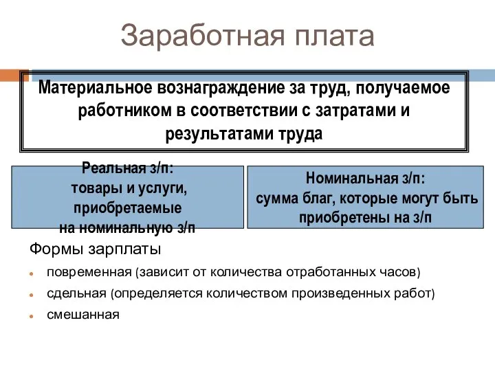 Заработная плата Формы зарплаты повременная (зависит от количества отработанных часов) сдельная