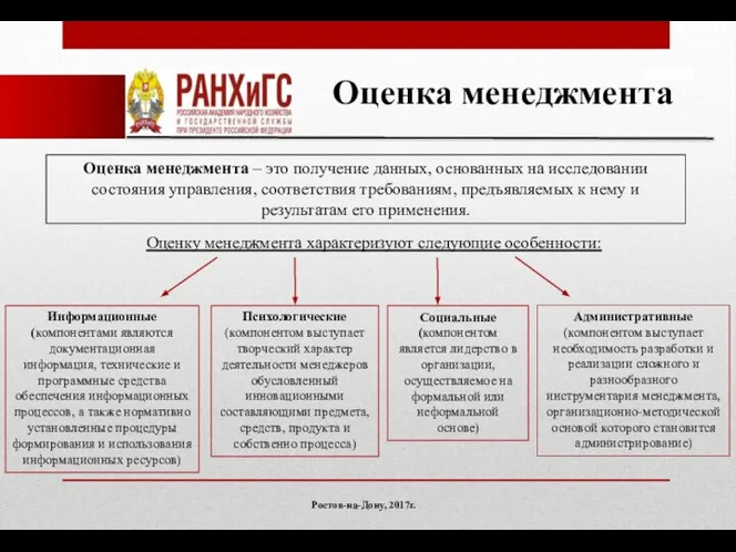 Ростов-на-Дону, 2017г. Оценка менеджмента – это получение данных, основанных на исследовании