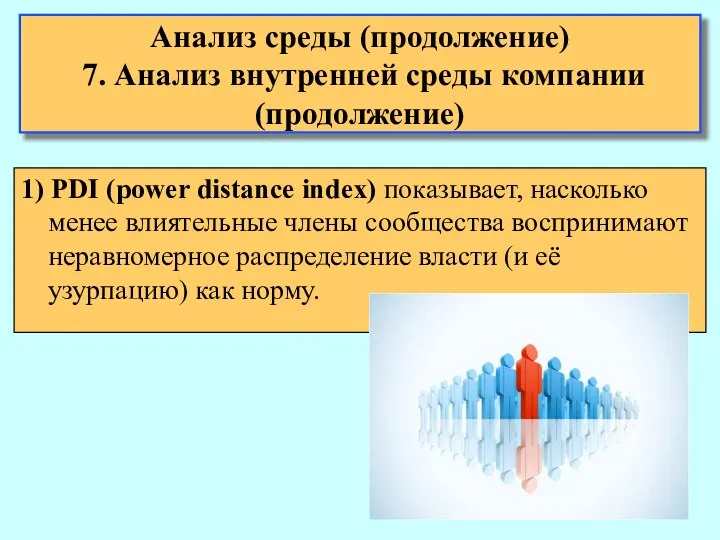 Анализ среды (продолжение) 7. Анализ внутренней среды компании (продолжение) 1) PDI