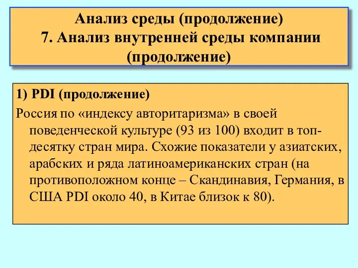 Анализ среды (продолжение) 7. Анализ внутренней среды компании (продолжение) 1) PDI