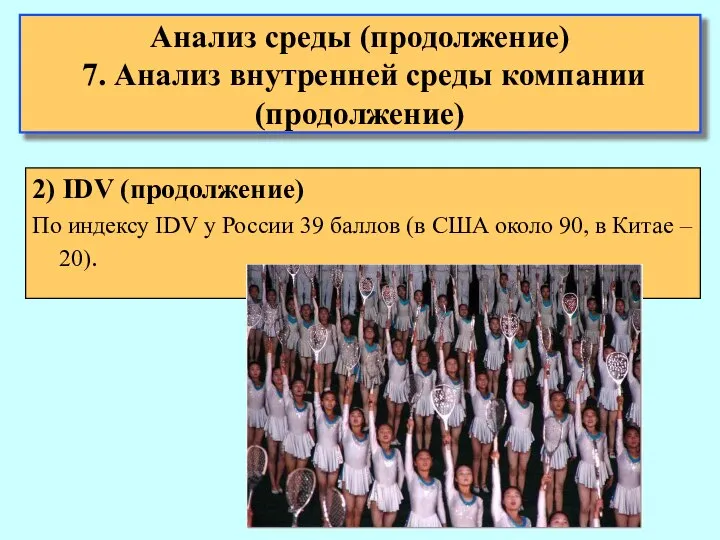 Анализ среды (продолжение) 7. Анализ внутренней среды компании (продолжение) 2) IDV