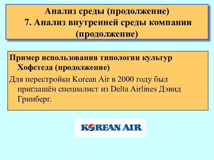 Анализ среды (продолжение) 7. Анализ внутренней среды компании (продолжение) Пример использования