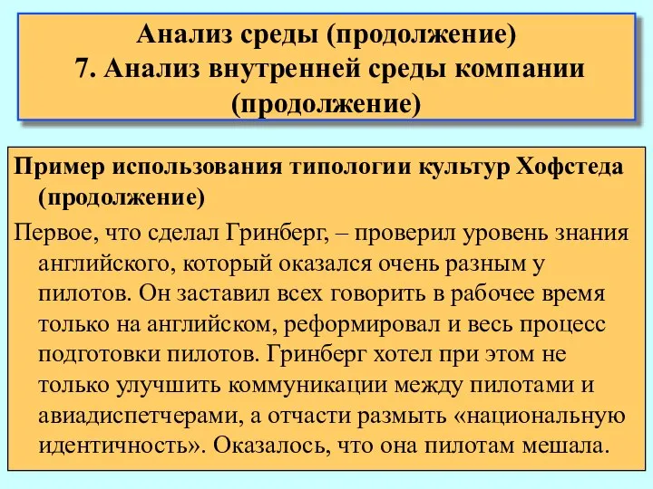 Анализ среды (продолжение) 7. Анализ внутренней среды компании (продолжение) Пример использования