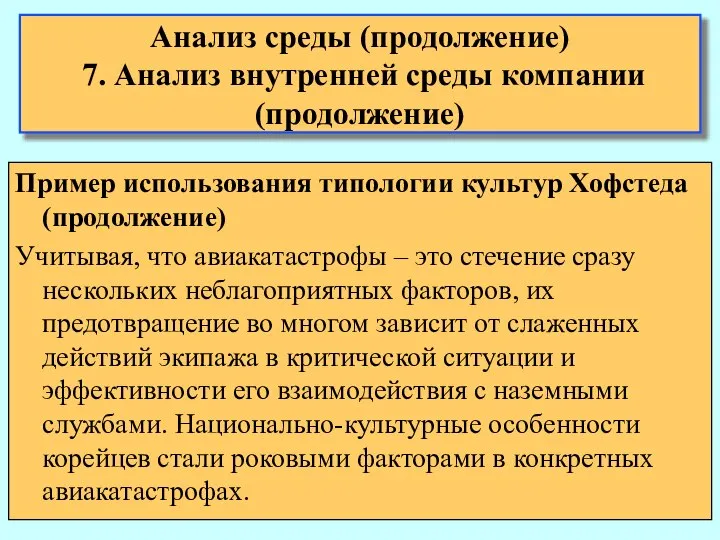 Анализ среды (продолжение) 7. Анализ внутренней среды компании (продолжение) Пример использования