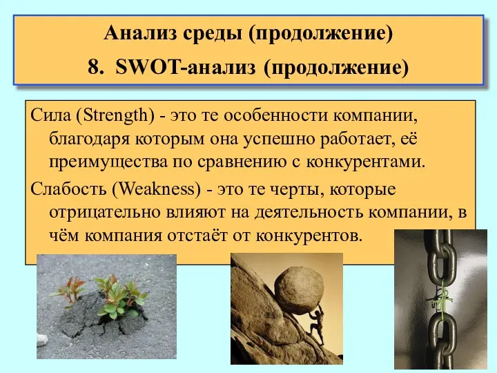 Анализ среды (продолжение) 8. SWOT-анализ (продолжение) Сила (Strength) - это те