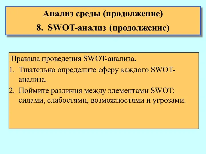 Анализ среды (продолжение) 8. SWOT-анализ (продолжение) Правила проведения SWOT-анализа. Тщательно определите
