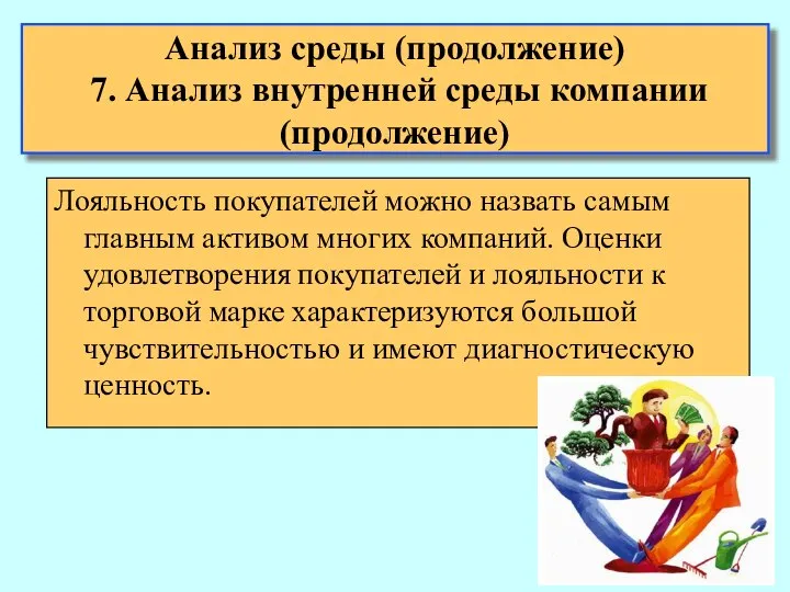 Анализ среды (продолжение) 7. Анализ внутренней среды компании (продолжение) Лояльность покупателей