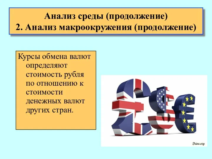 Анализ среды (продолжение) 2. Анализ макроокружения (продолжение) Курсы обмена валют определяют