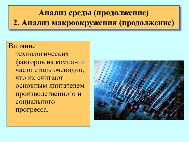 Анализ среды (продолжение) 2. Анализ макроокружения (продолжение) Влияние технологических факторов на