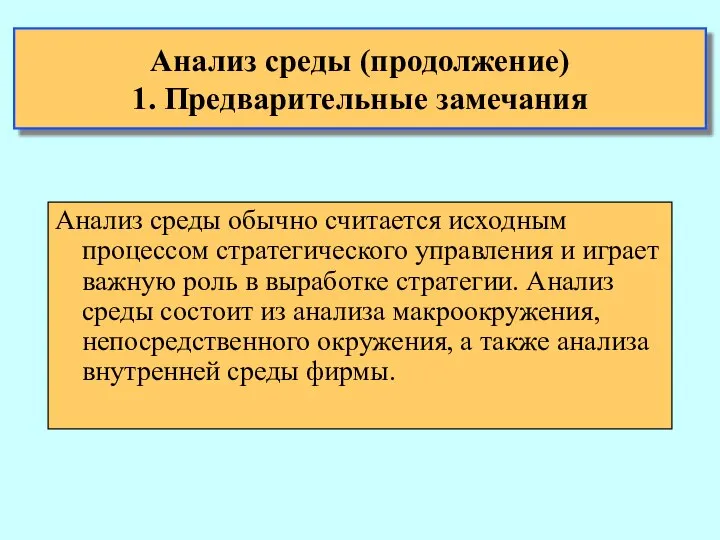 Анализ среды (продолжение) 1. Предварительные замечания Анализ среды обычно считается исходным